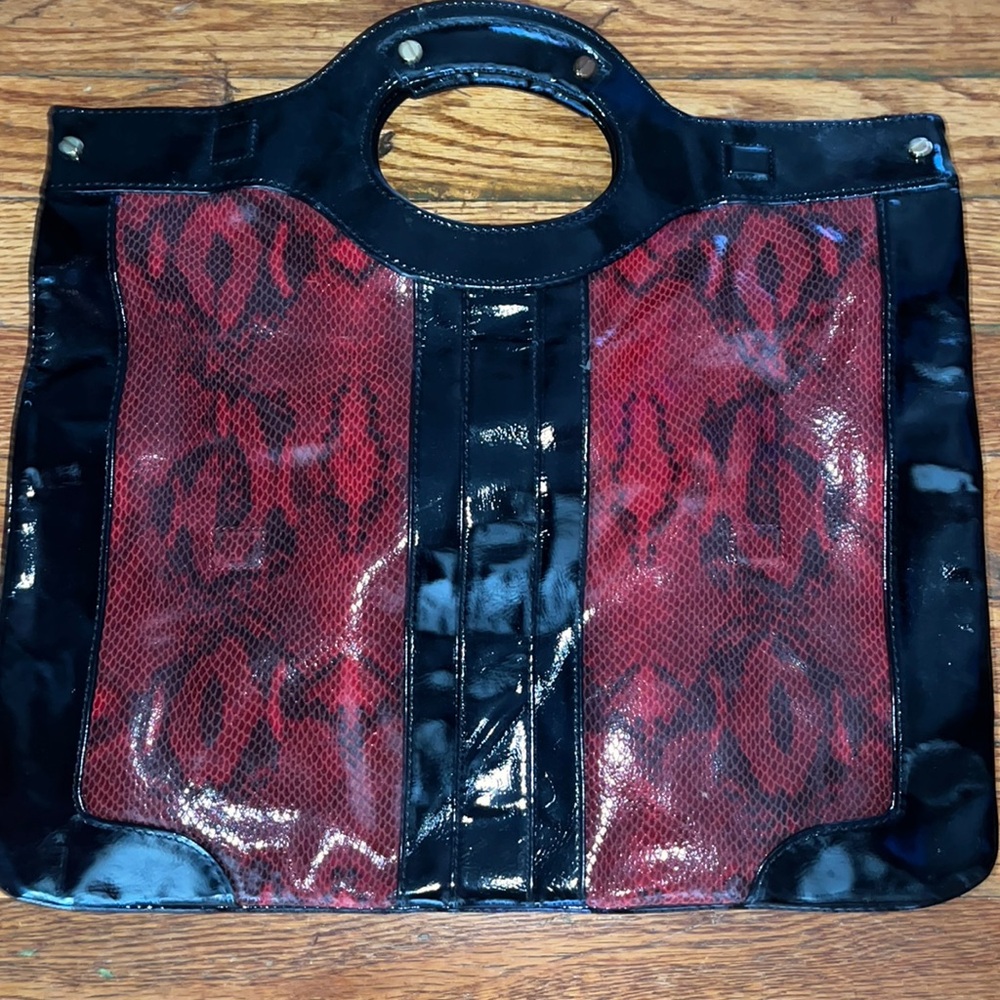 Kate Landry Red Snakeskin Tote with black Patent Leather tote